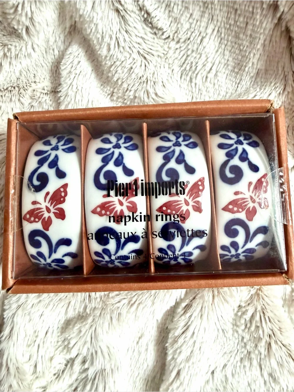 Pier 1 White Ceramic Napkin Rings with Blue Floral and Red Butterfly Motif